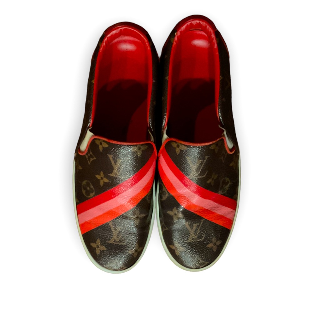LOUIS VUITTON MONOGRAMMED SLIP-ON SNEAKERS, W/ RED & PINK ACCENTS